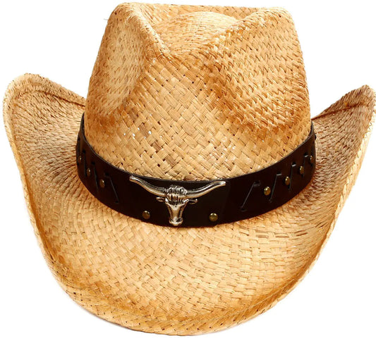 Western Straw Cowboy Hat with Button Band
