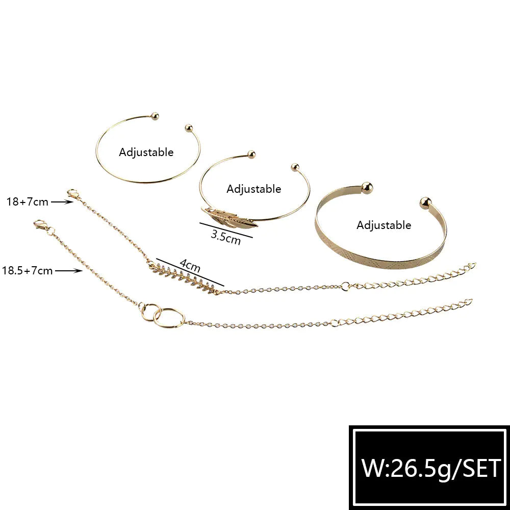 Boho Chic Leaf & Circle Bracelet Ensemble