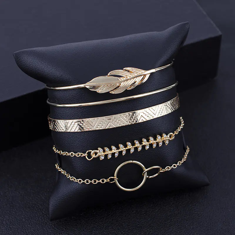 Boho Chic Leaf & Circle Bracelet Ensemble