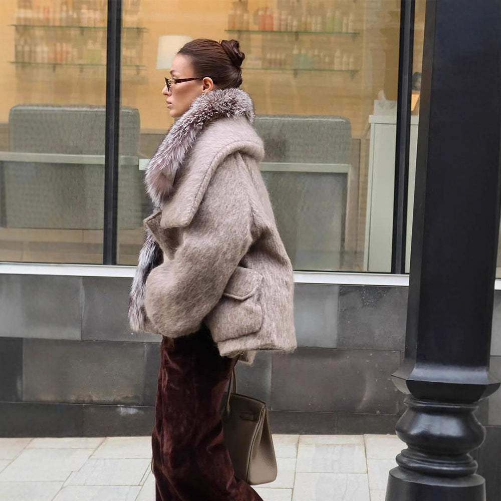 Fur Collar  Patchwork  Long Woolen Coat  Short Length  Overcoat