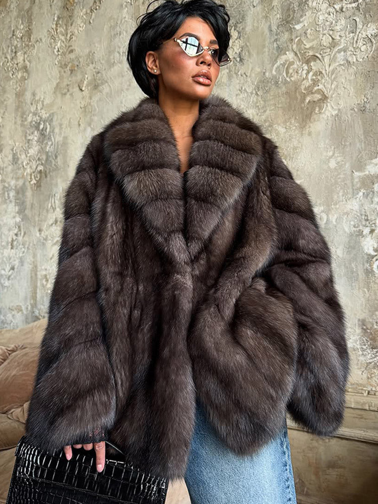Colour-blocked Notched Lapel Long Sleeve Fur Coat