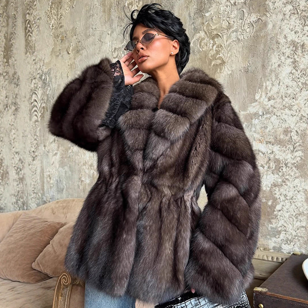 Colour-blocked Notched Lapel Long Sleeve Fur Coat