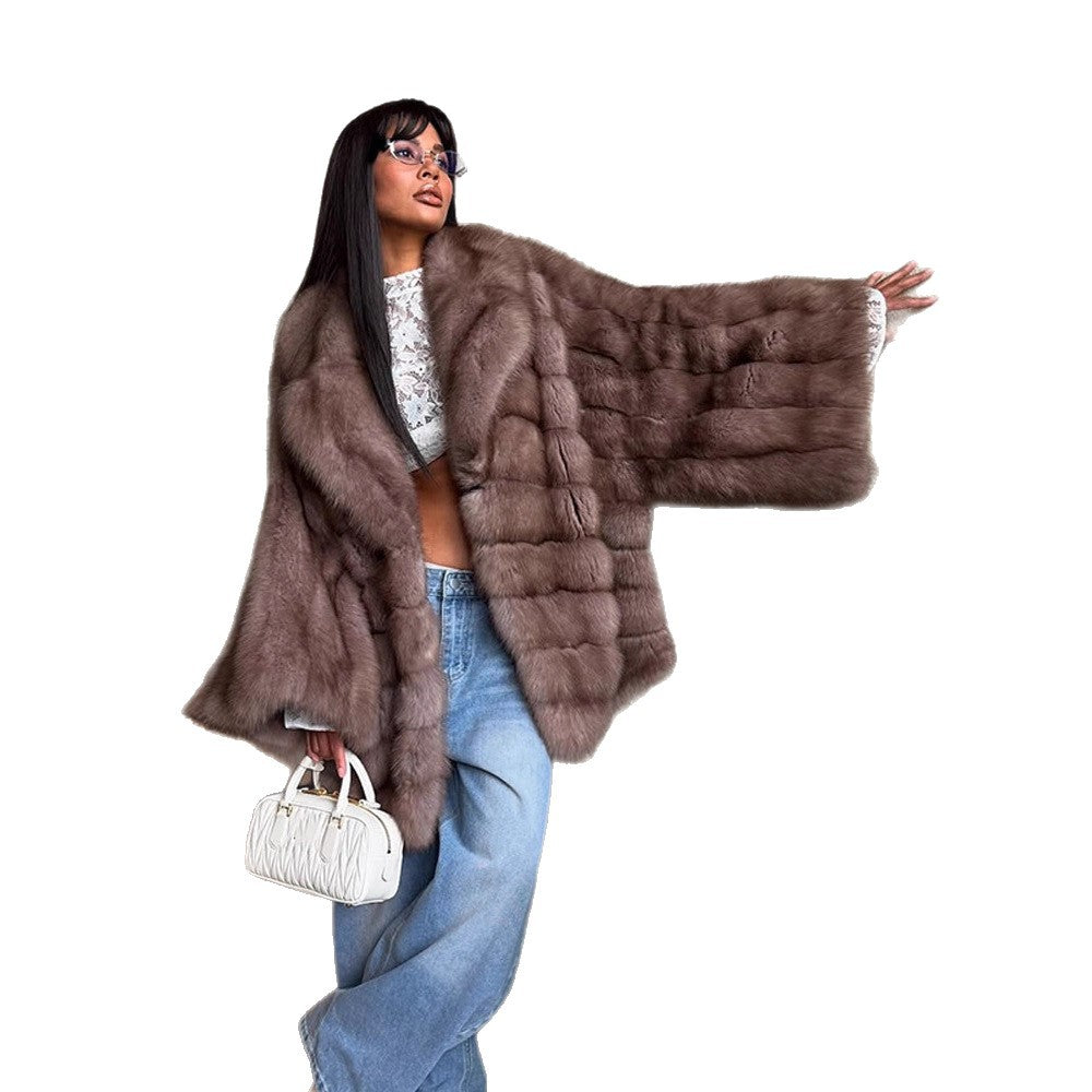 Colour-blocked Notched Lapel Long Sleeve Fur Coat