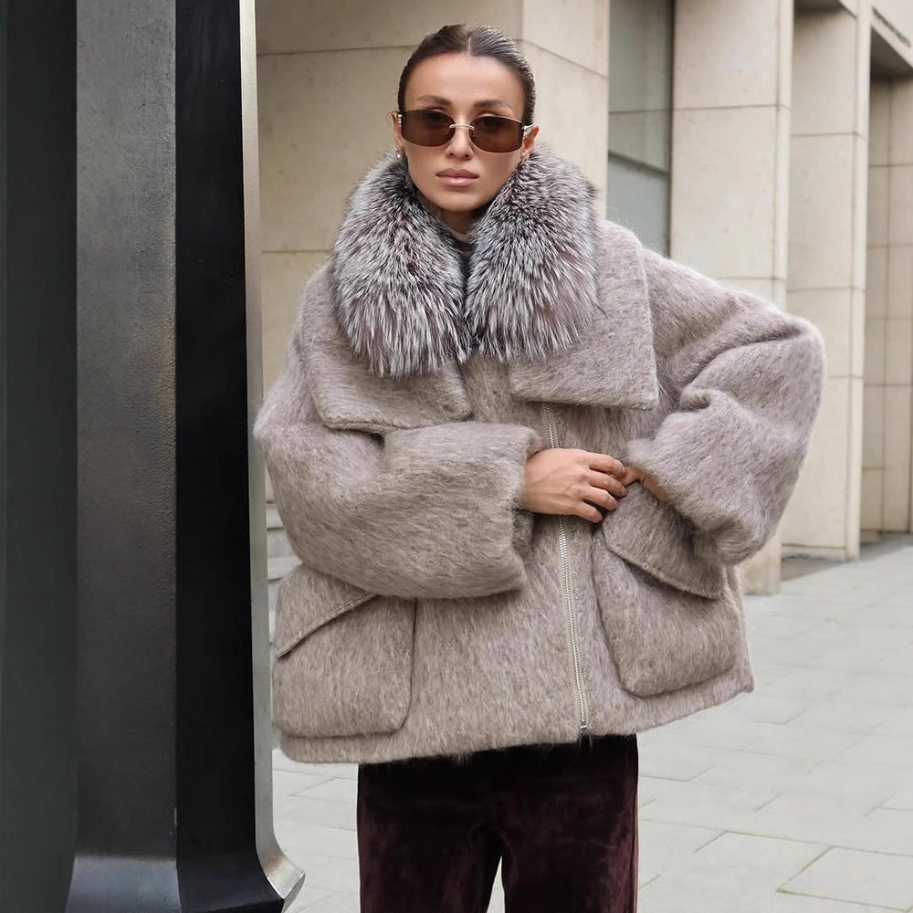Fur Collar  Patchwork  Long Woolen Coat  Short Length  Overcoat