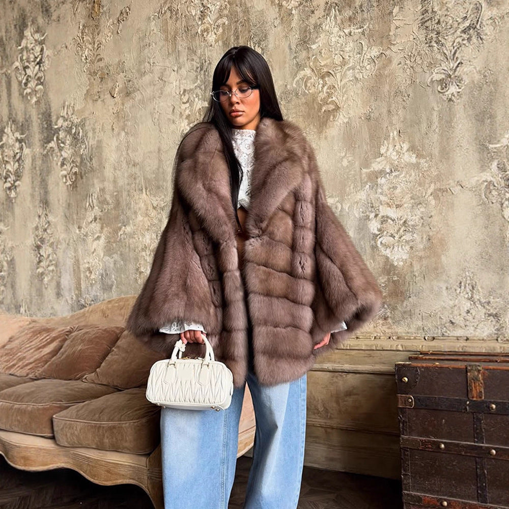 Colour-blocked Notched Lapel Long Sleeve Fur Coat