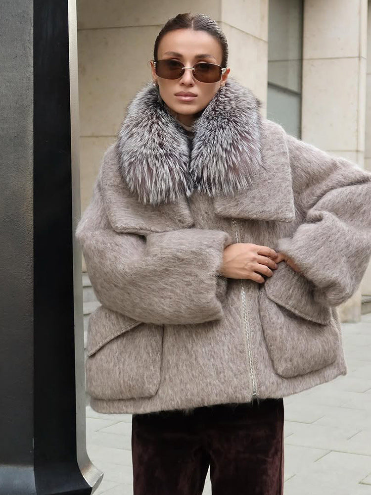 Fur Collar  Patchwork  Long Woolen Coat  Short Length  Overcoat