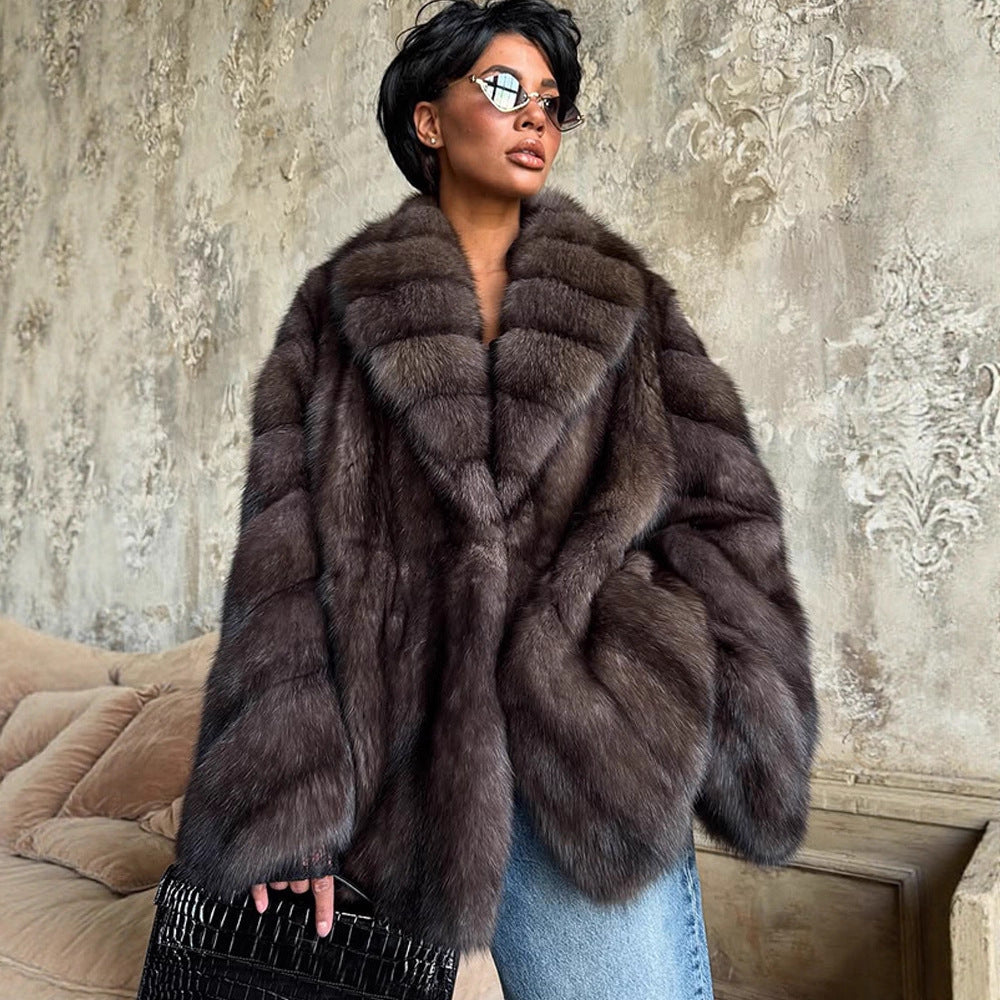 Colour-blocked Notched Lapel Long Sleeve Fur Coat