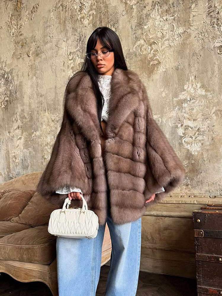 Colour-blocked Notched Lapel Long Sleeve Fur Coat