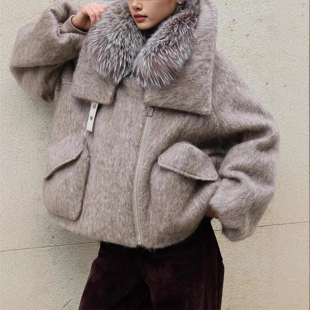 Fur Collar  Patchwork  Long Woolen Coat  Short Length  Overcoat