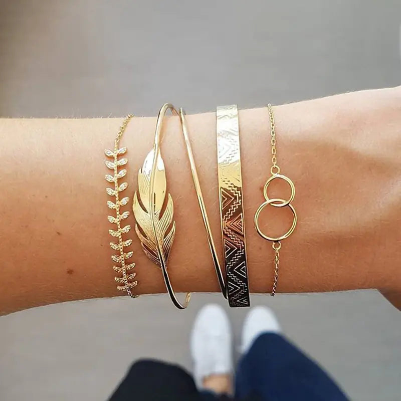 Boho Chic Leaf & Circle Bracelet Ensemble