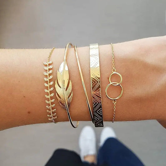 Boho Chic Leaf & Circle Bracelet Ensemble