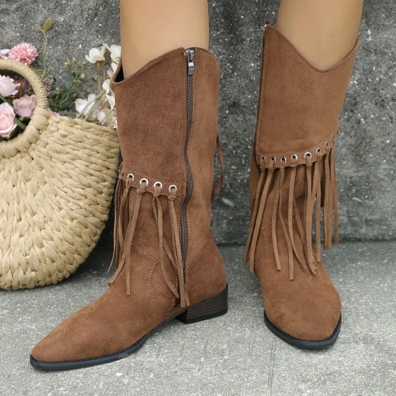 Women's Mid-Calf Retro Cowboy Boots with Tassels