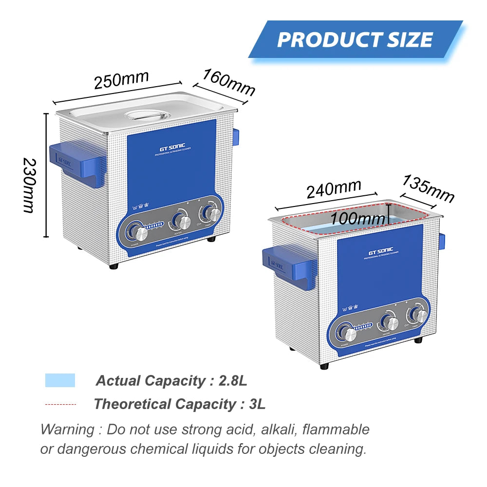 GT SONIC Ultrasonic Cleaner 3L 100W Knob Control Panel 40kHz Heating Timing SUS 304 Tank Basket Ultrasonic Bath Cleaning Tool