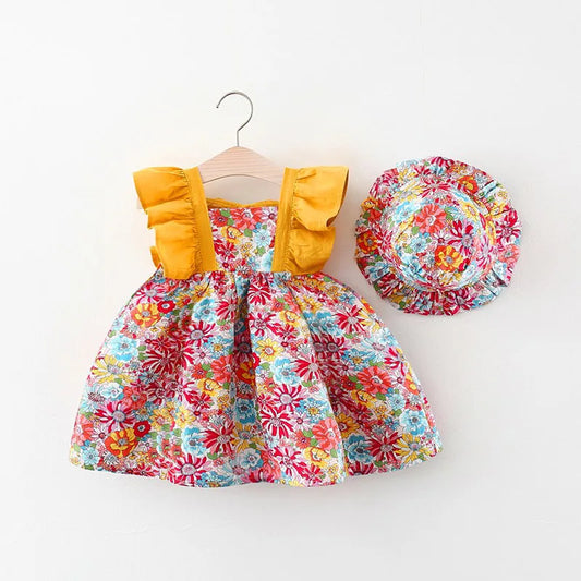 2Pcs/SetGirls' Dress Summer New Children's Wear Baby Flower Strap Dress Sleeveless Children's Dress with Hat