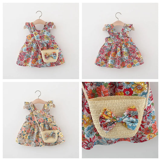 0-3-year-old children's dress bag summer 2/piece set, baby girl full body printed small flying sleeve princess dress