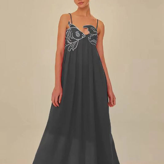 3D Fish Shaped Embroidery Pleated Sling Dress Women Spring Strapless Hollow Party Long Dress Summer Backless Side Zip Boho Dress