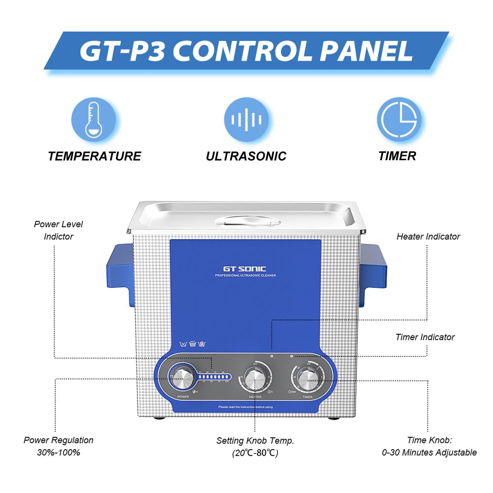 GT SONIC Ultrasonic Cleaner 3L 100W Knob Control Panel 40kHz Heating Timing SUS 304 Tank Basket Ultrasonic Bath Cleaning Tool