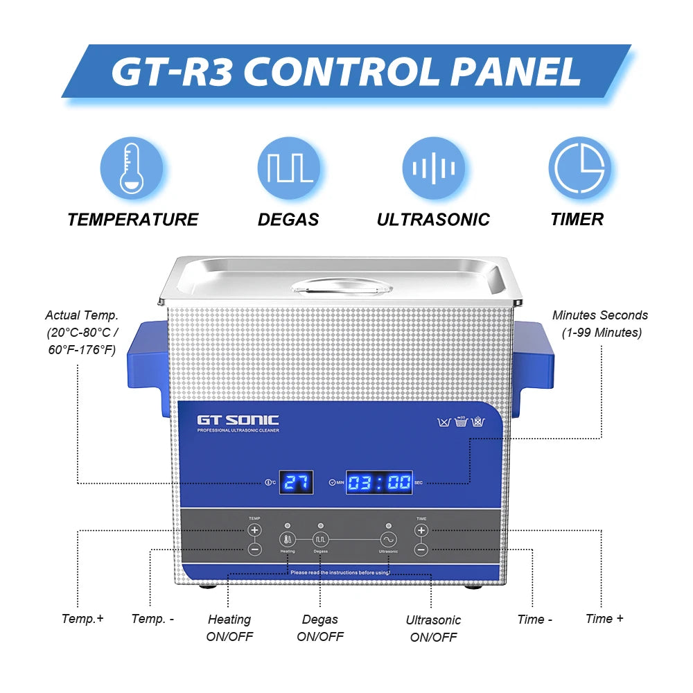 GT SONIC Ultrasonic Cleaner 3L 100W Knob Control Panel 40kHz Heating Timing SUS 304 Tank Basket Ultrasonic Bath Cleaning Tool