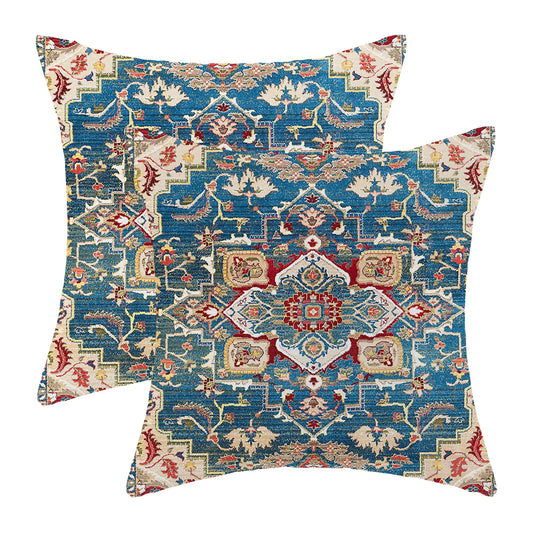 Boho Pillow Covers 16x16 Set of 2 Ethnic Design Boho Decorative Throw Pillows Linen Blue Red Carpet Pattern Farmhouse Bohemian Cushion Pillow Covers for Sofa Couch Outdoor Decor