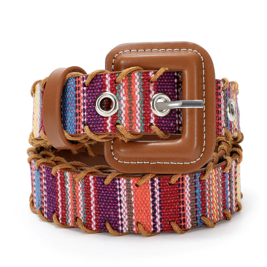 BOHO Rainbow Woven Belt with Square Buckle