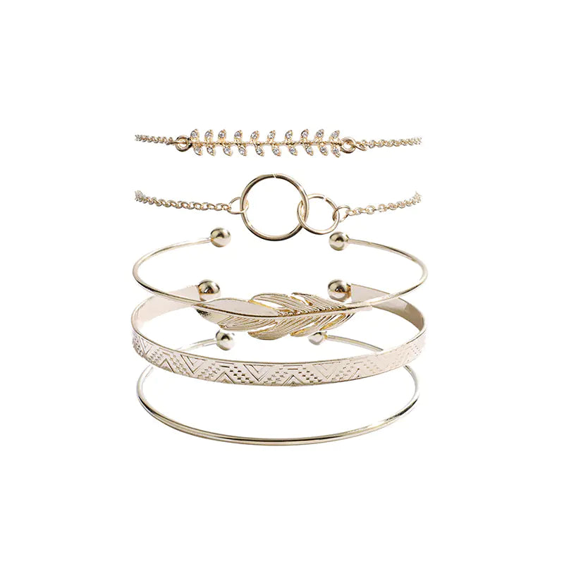 Boho Chic Leaf & Circle Bracelet Ensemble