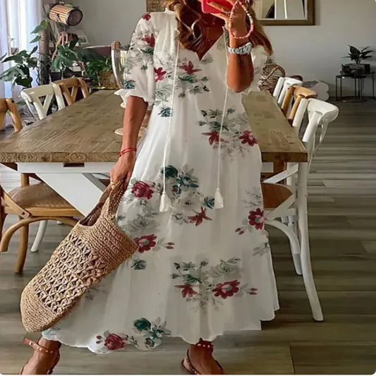 Boho Chic V-Neck Tassel Long Dress