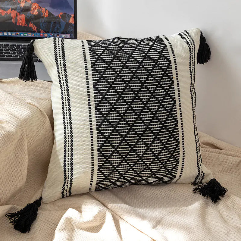 Bohemian Blue & Black Tasseled Pillow Cover