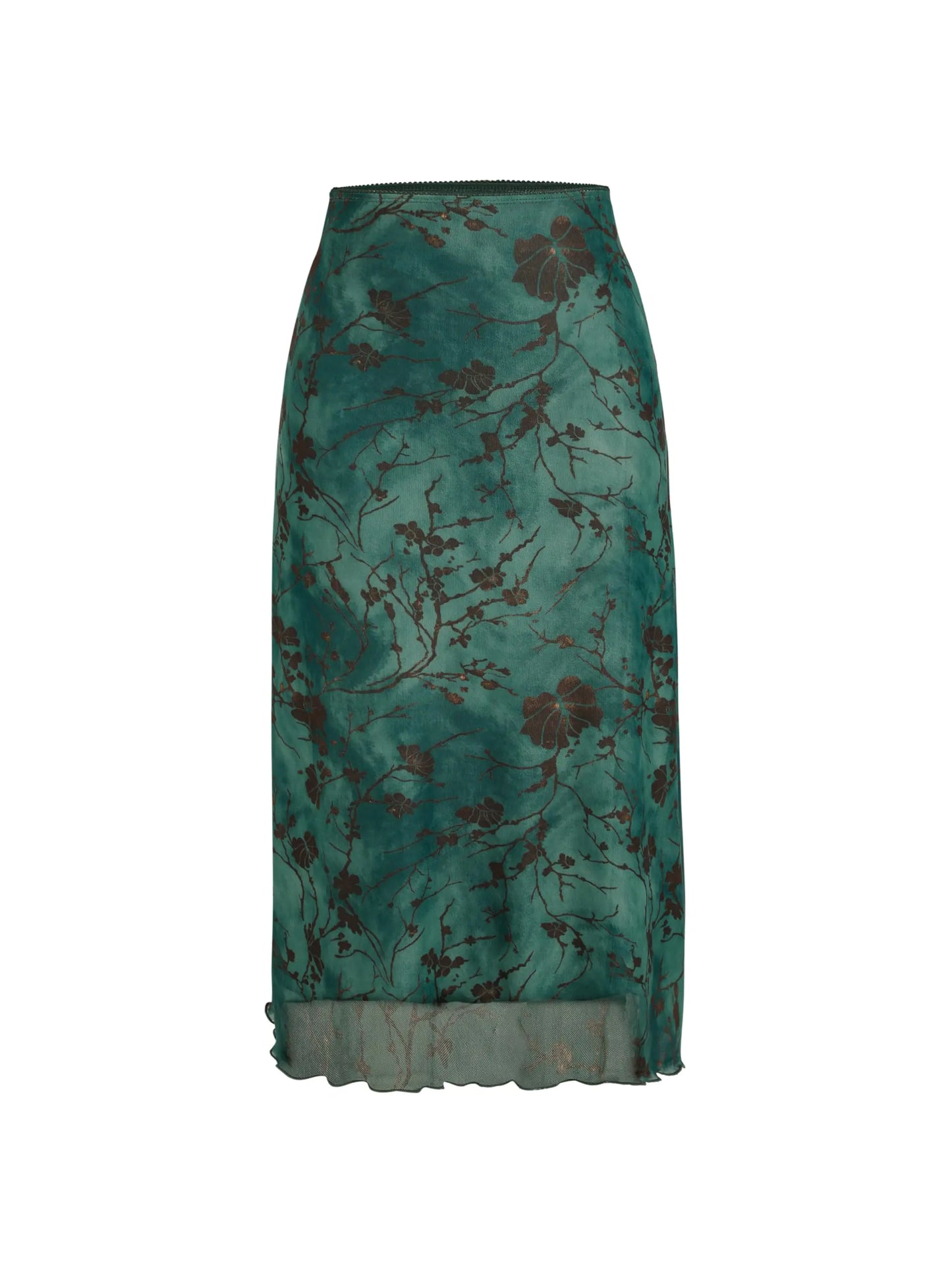 Floral Elegance High Waist Mesh Midi Skirt - Green S