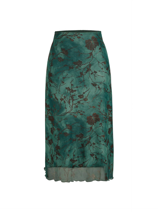Floral Elegance High Waist Mesh Midi Skirt - Green S