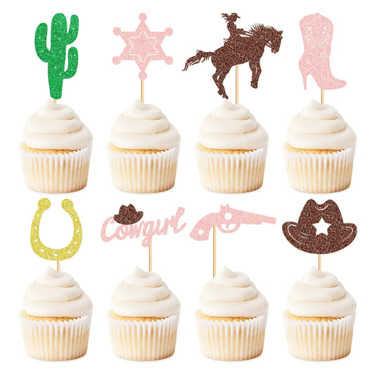 Keaziu 32 Pack Cowgirl Cupcake Toppers Riding HorseShoe Cowboy Hats Western Theme Happy Birthday Baby Shower Party Cake Decorations Supplies Pink 2