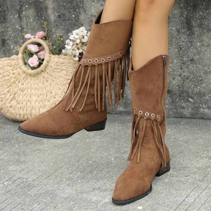 Women's Mid-Calf Retro Cowboy Boots with Tassels