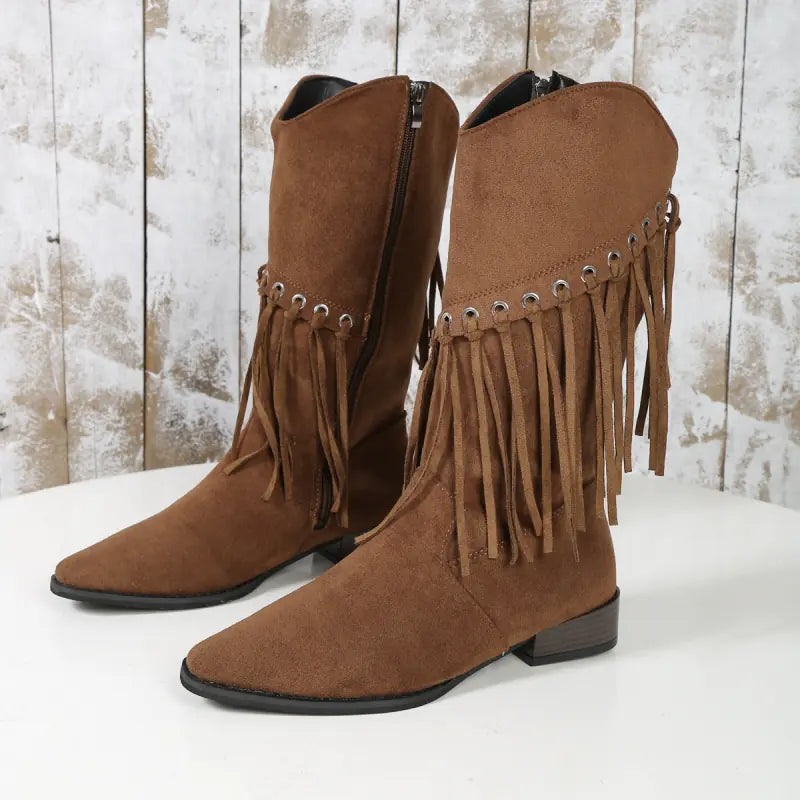 Women's Mid-Calf Retro Cowboy Boots with Tassels