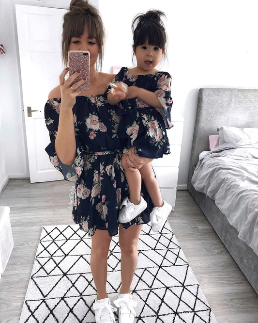 Digital Print Matching Family Dresses with Belt