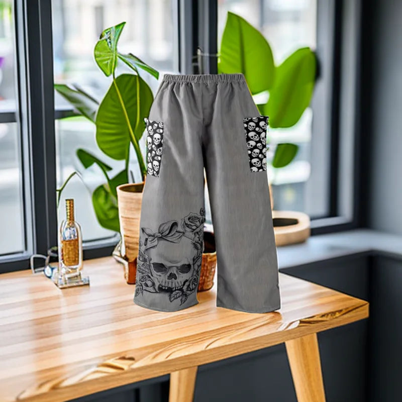 Boho Skull Print Wide-Leg Pants for Women