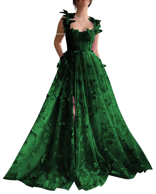 Emerald Tulle Lace Gown with 3D Appliques