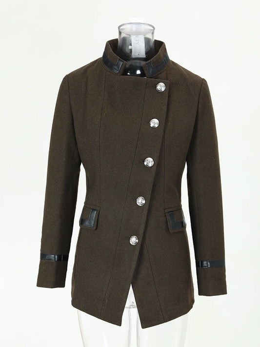 Stand Collar Slant Single Breasted Blends Coat
