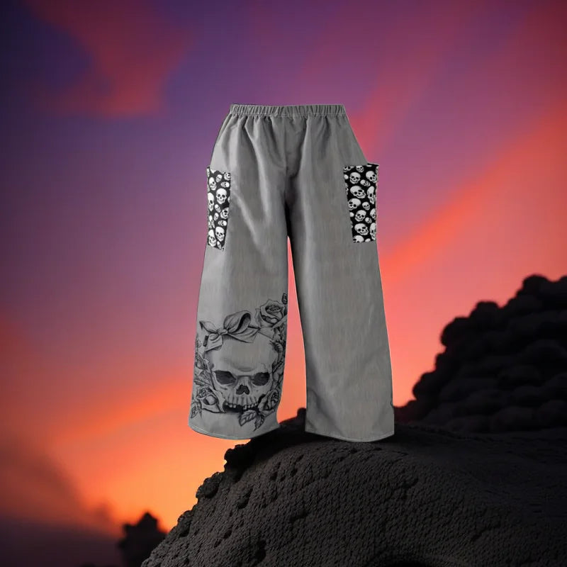 Boho Skull Print Wide-Leg Pants for Women