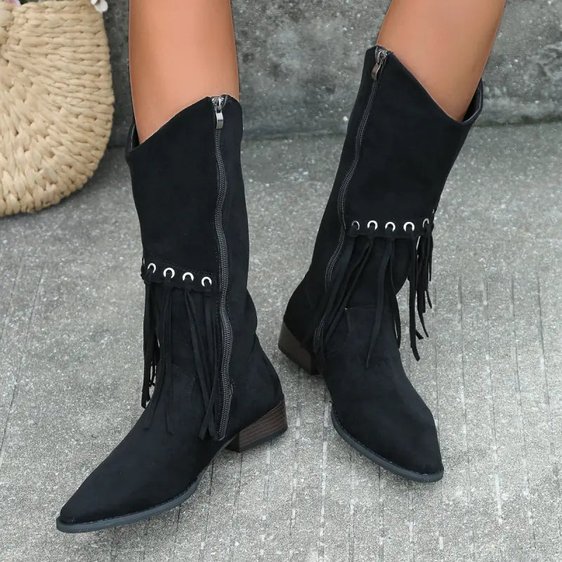 Women's Mid-Calf Retro Cowboy Boots with Tassels