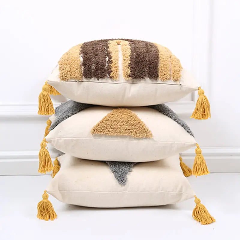 Boho Textured Throw Pillow Case 18x18in with Tassels