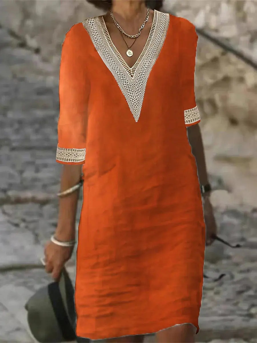 Autumn Chic Women's Cotton V-Neck Dress