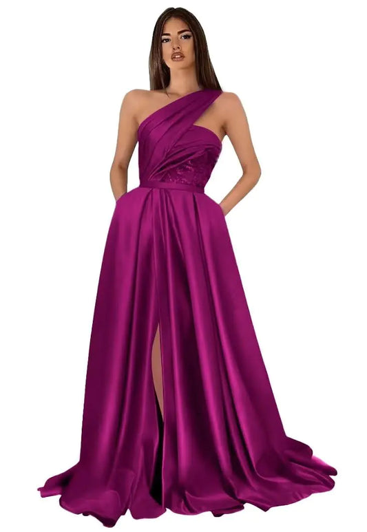 2024 Fuchsia One Shoulder Lace Ball Gown with Slit