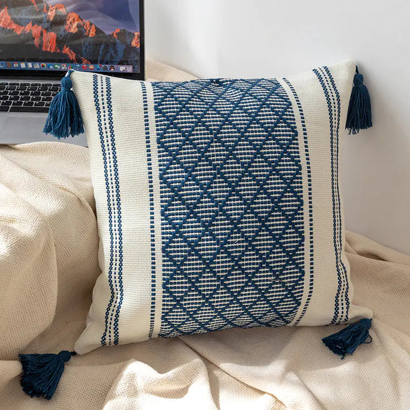 Bohemian Blue & Black Tasseled Pillow Cover
