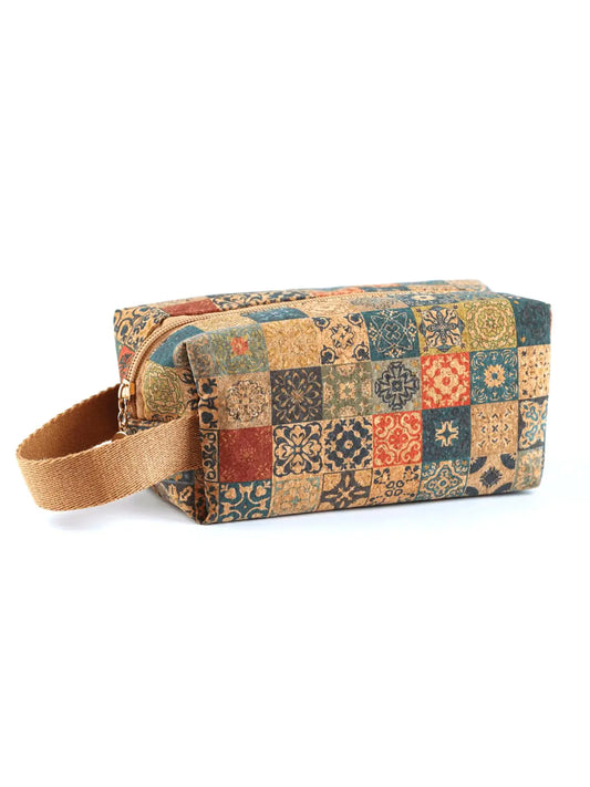 Boho Chic Cork Cosmetic Bag with Vintage Floral Art