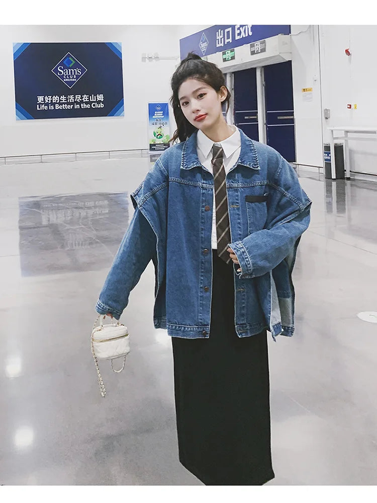 Women Coat Batwing Sleeve Asymmetry Loose Denim Jacket
