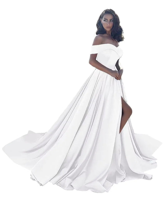 2024 Off-Shoulder Satin Bridal Ball Gown with Slit