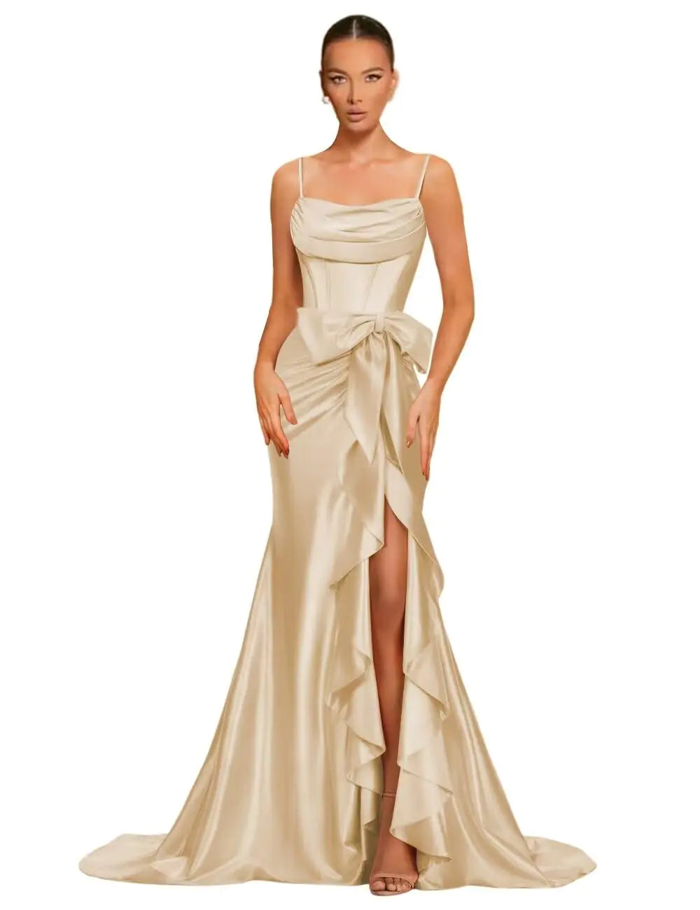 Champagne Mermaid Satin Prom Dress with Side Bow