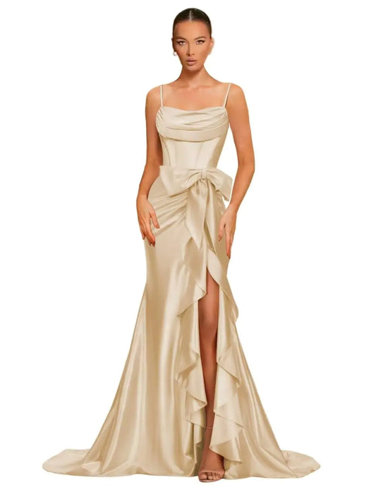 Champagne Mermaid Satin Prom Dress with Side Bow