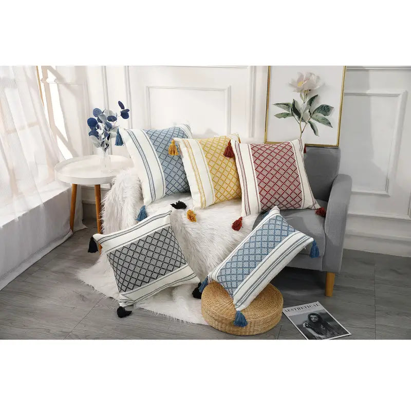 Bohemian Blue & Black Tasseled Pillow Cover