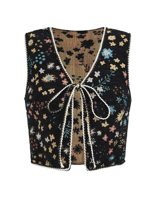 Verdusa Women's Tie Front Jacquard Boho Vest Black Large