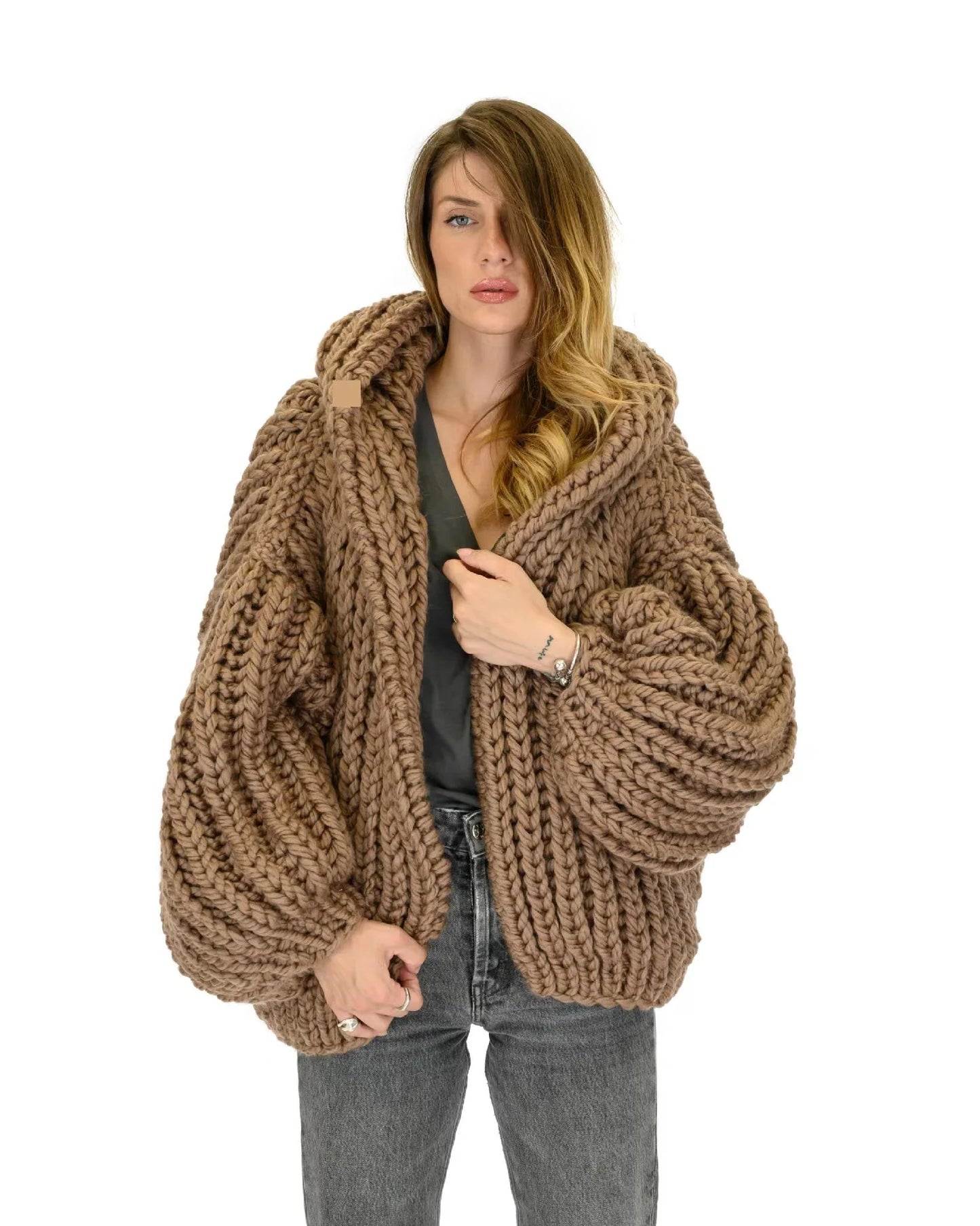 Chic Spring Autumn Women Thick Hooded Knitted Cardigan